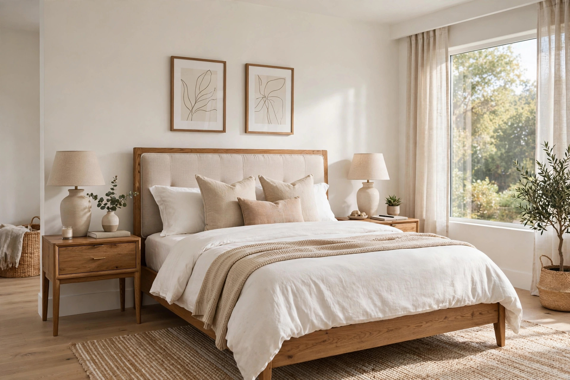 Assembled modern bedroom with bed frame and nightstands
