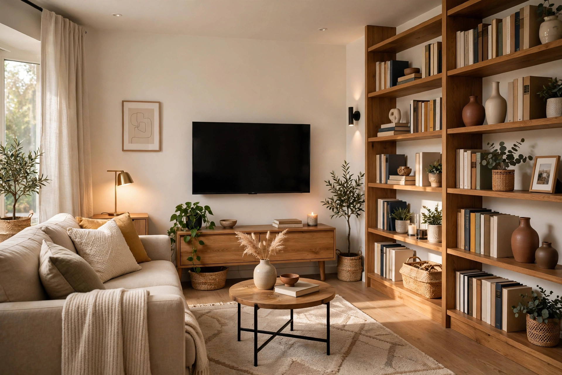 Assembled living room with TV stand and bookshelf