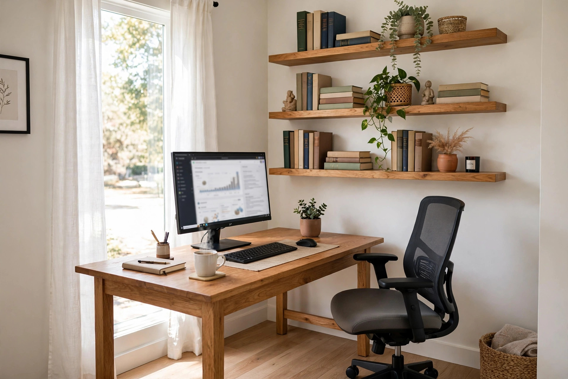 Assembled home office with desk and shelves