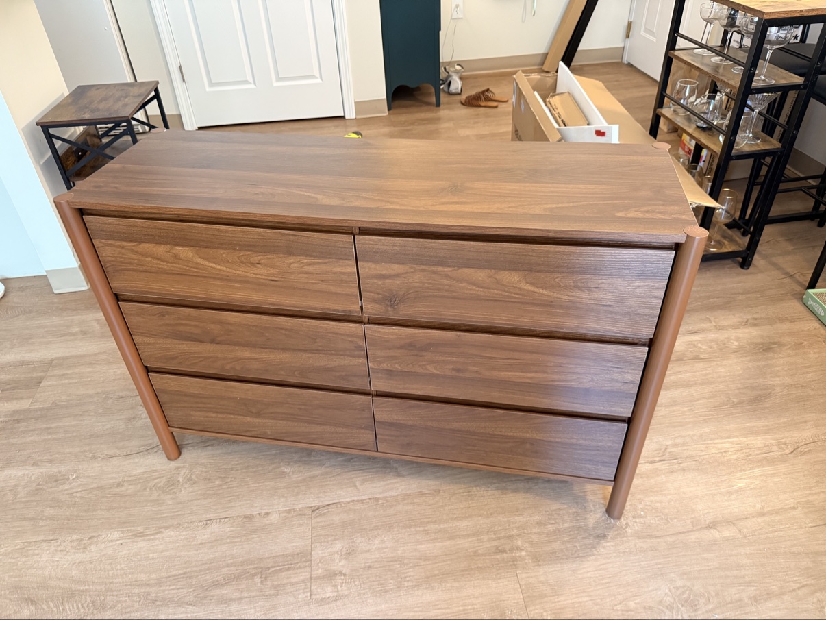 Wooden dresser with six drawers assembled